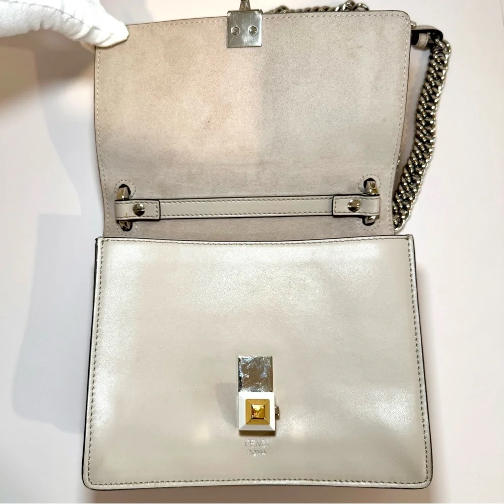 Fendi Kan I Small Shoulder Bag In Neutral Grey Leather W Silver Chain Strap
